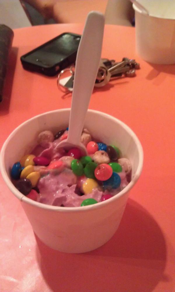 grey_roberts's tweet image. Raspberry yogurt with m&amp;amp;ms and Cookie dough pieces. Really poor combination of flavors #noregrets #exceptthisone