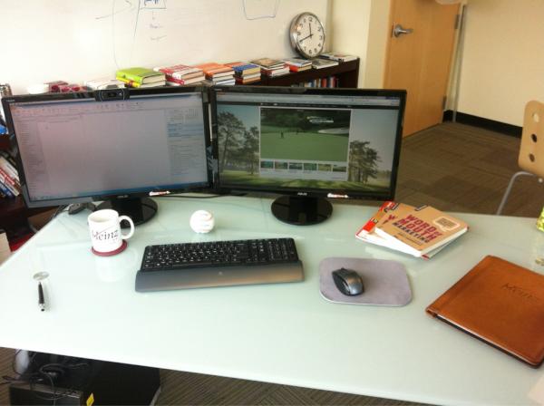 HeinzMarketing's tweet image. My #geekspace, and yes that&apos;s the #Masters on monitor 2 cc @Geekwire