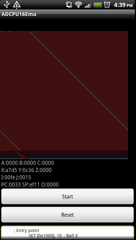 sticksoft's tweet image. Left it running while tweeting and the 'ball' went through the code area, ahahaa! Oops... #0x10c #selfcoding #itsalive
