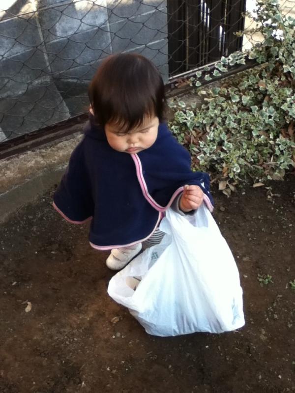 庭の草むしり。草を入れてね、と言っているのに土ばかりゴミ袋にいれるムスメ。