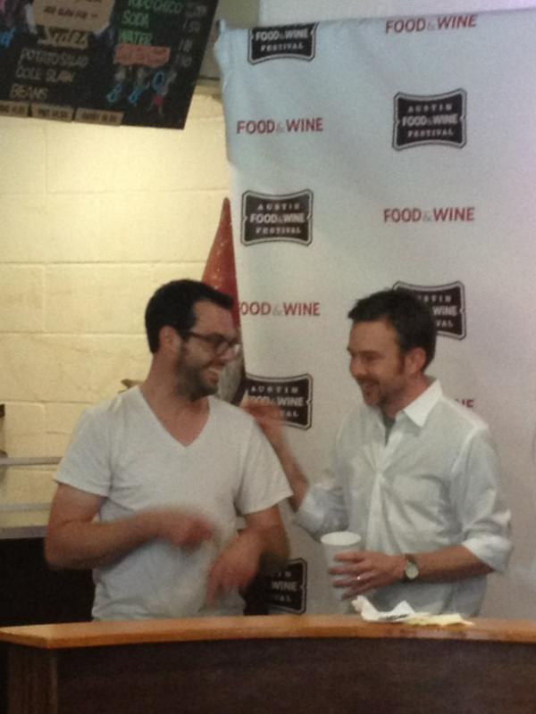 bakeroutdoors's tweet photo. Tyson cole and aaron Franklin kicking off afwf #austin #franklinsbbq http://t.co/2TMj48Sk