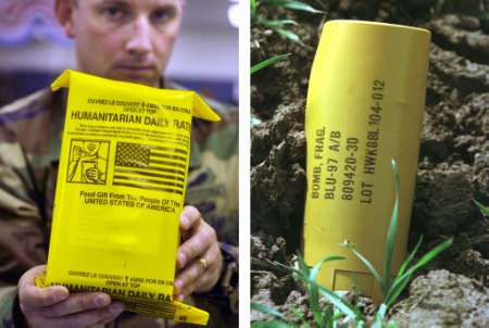 Humanitarian Daily Ration And Cluster Bomb Munition Both Are Yellow And Dropped From Airplanes R Crappydesign