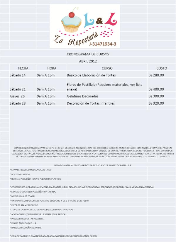ReposteriadeLL's tweet photo. Buenas tardes!!! ya tenemos el cronograma de cursos del mes de abril de 2012. No esperes mas. Informacion 0212-6240177. http://t.co/uGofsZ8e