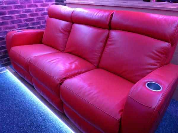 FrontRowSeating's tweet image. Two rows of red leather seating in a client&apos;s dedicated home cinema room