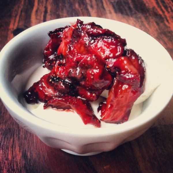 We put those roasted strawberries from <a href="/101cookbooks/">101 Cookbooks</a> over ice cream. Yep, winner!