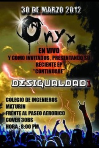 0nyxrock's tweet photo. La cosa es hoy! @0nyxrock y @Desigualdad1 en vivo colegio de Ing. Maturin 8 pm,cover 30 Bs.! #RockOn  #impelable http://t.co/4JASjg1v