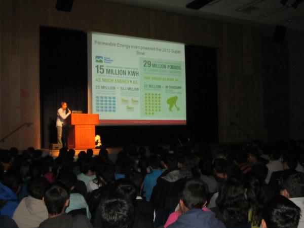 SEI member Tom Du talks about renewable energy at the Markham District High School Earth Hour Assembly - March 30, 2012