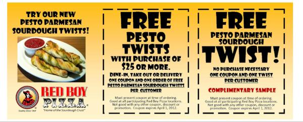 Don't forget to print your Pesto Parmesan Sourdough Twist coupon (see pic), and use it by April 1st! #RedBoyPizza #yum