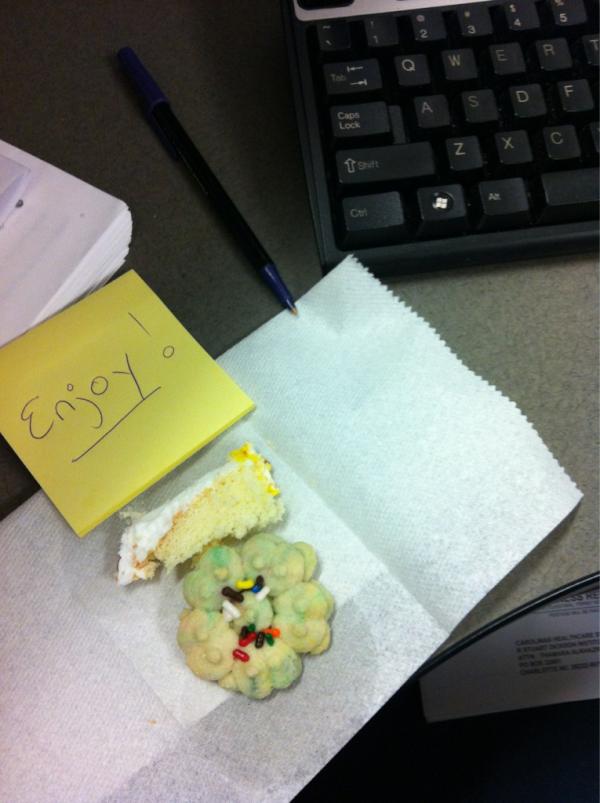 laurenmowrer's tweet image. my coworkers are disgusting. no seriously. they left me food over the weekend on my desk. #notfallingforthat