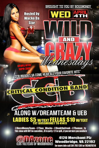 DREAMTEAMBAND's tweet photo. @THECCB @DREAMTEAMBAND in Woodbridge VA APRIL 4TH LADIES 5 FELLAS 10 W/TXT BOSSMONEY TO 41411 http://t.co/sHcutbHa"