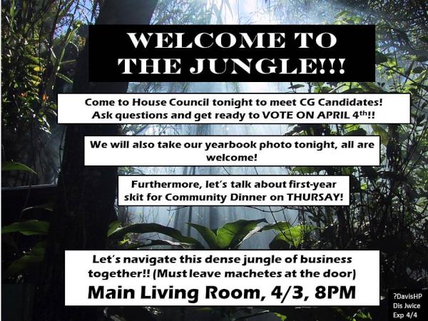 Stone_Davis's tweet photo. HoCo tonight!! Candidates! First-year skit! Yearbook photo! + JUNGLE THEME!! See you at 8 in the Living Room! http://t.co/16xWc5dT