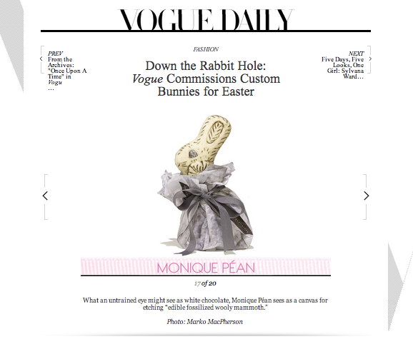 MONIQUEPEAN's tweet photo. More than your average easter bunnies... check out our edible woolly mammoth & scrimshaw rabbit! @voguemagazine http://t.co/YBt0Ojn0
