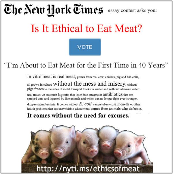 joelrama's tweet image. Vote in support of in vitro meat (grown in a lab, not a factory farm)! No death. No suffering! nyti.ms/ethicsofmeat