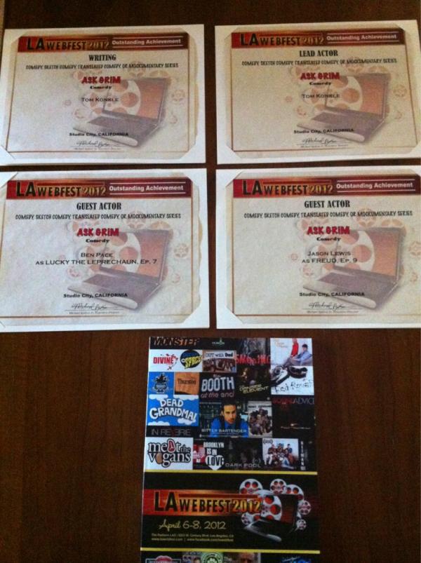 askgrim's tweet image. Congrats to Team Grim on their @LAWebFest Awards! @TomKonkle @bbpace @TheJLew make an old reaper very proud. *sniff*