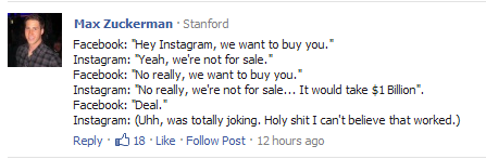 westcampusbooks's tweet photo. This just in!! Negotiation talks between #Facebook and #Instagram. http://t.co/GOvCogWr