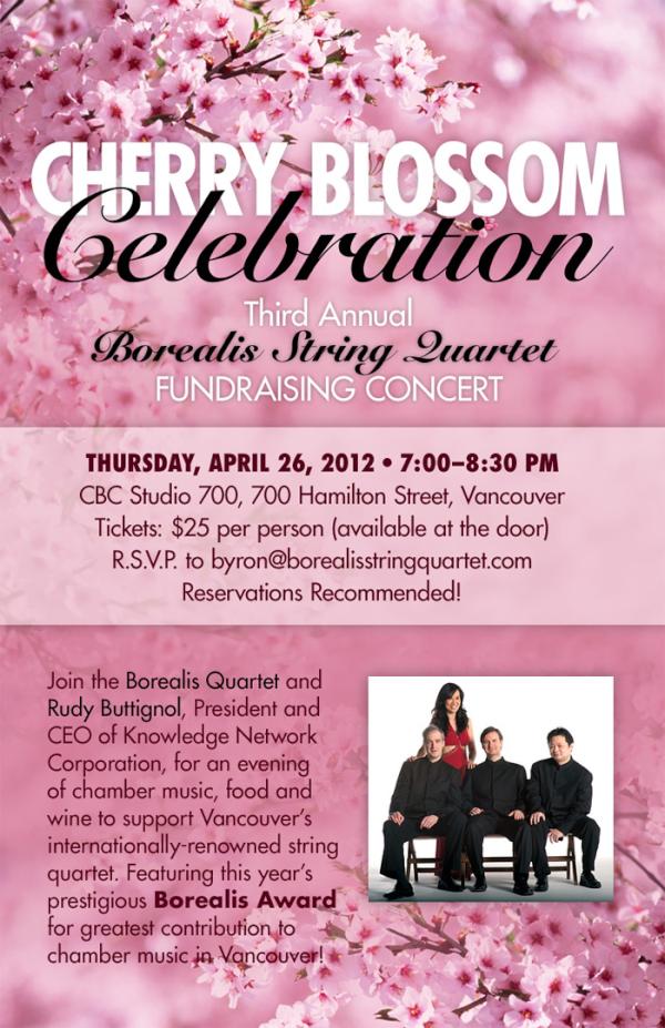 Come celebrate the Borealis String Quartet's Cherry Blossom Fundraiser event at CBC Studio 700 April 26th at 7:00 pm.