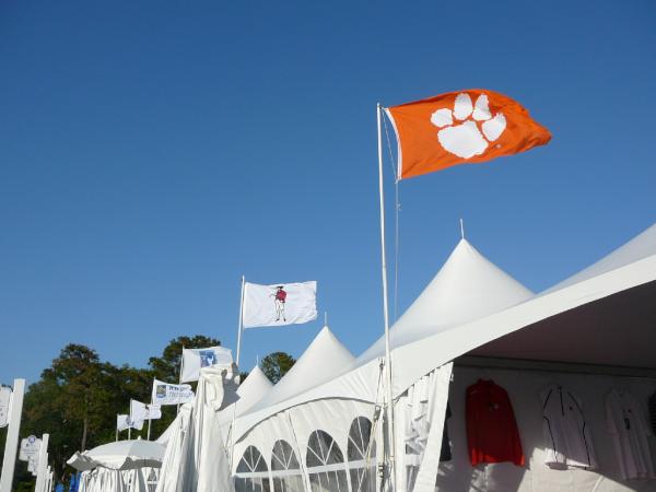 ClemsonTigers's tweet photo. If you are attending the #Heritage this week be sure to stop by the Clemson Tent on the 18th Hole. http://t.co/JGfYoccn