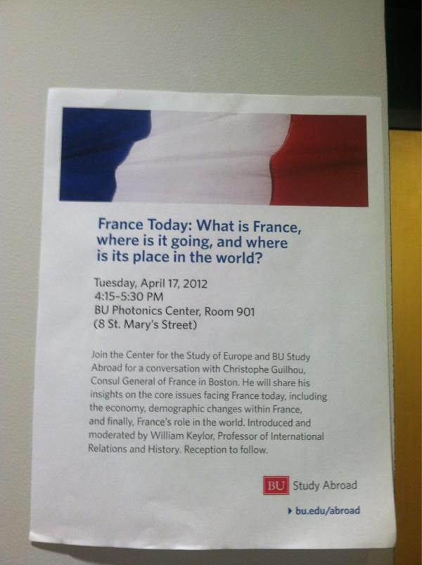 BUabroad's tweet image. Where are you, @BU_CAS ? Talk with the Consul General of France in #Boston right now in PHO901. Seats are filling up