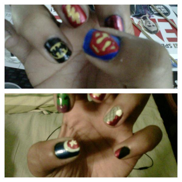 Jaclyn_Maistry's tweet photo. @astoncain. So here is how board I was. Got the superheroes on my nails http://t.co/YabNodq3