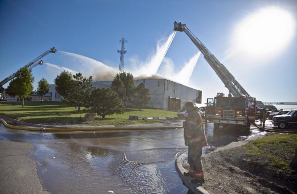 Four ladders were in use at this morning's fire at the Viking Corp.
