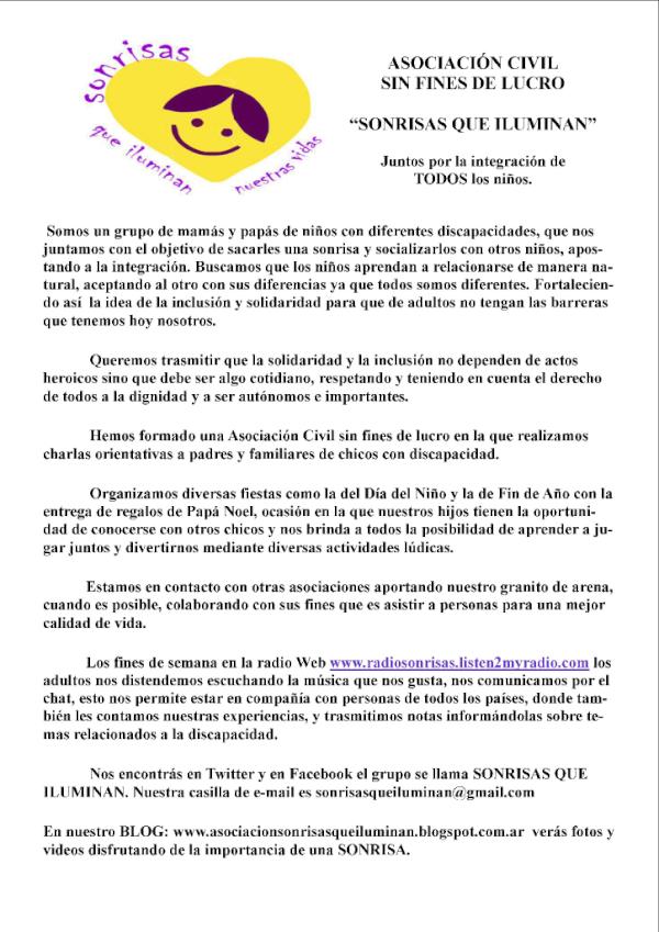 asoc_sonrisas's tweet photo. @natydenegri x sto luchamos!! Xla integracion y contncion familiar de chicos c/ capacidades diferentes @asoc_sonrisas http://t.co/vxVBwGhh