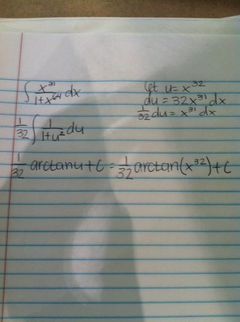 TheMathTutorUA's tweet photo. @RockyElmore, you want to find something that will get rid of x^31. 64/2= 32 so (x^31)/(1+(x^32)^2) works. http://t.co/edzUPxJh