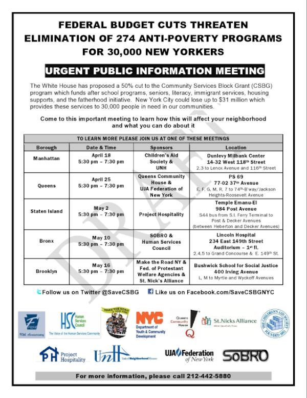 SaveCSBG's tweet photo. For those of you that missed us in Queens last Wednesday. Check out this flyer to join us next time! #SaveCSBG http://t.co/odrurFoj