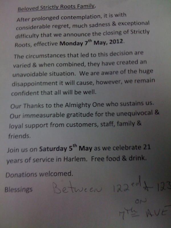 mohealth's tweet photo. My fav Harlem grub spot Strictly Roots is closing. 21 yrs of Ital food, intense chess matches, vibes will be missed. http://t.co/jiG1f6b1