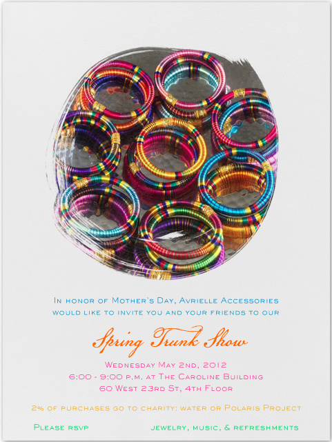 avrielle's tweet image. Come out this Wed. from 6-9 for our Mother's Day Spring Trunk Show! Champ, snacks, &amp;amp; jewels... what could b better? ;)