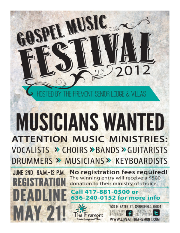 Musicians wanted for <a href="/Fremont55/">FremontSeniorLiving</a> Gospel Music Festival June 2nd!  Check out the flier &amp; call 417.881.0500 for more info!