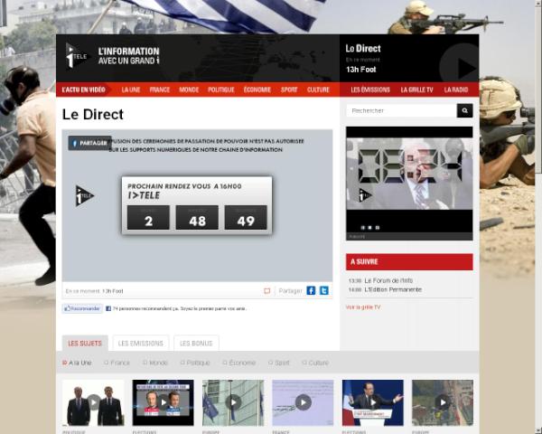 laurentguimier's tweet photo. écran noir sur itele.fr, les images de la cérémonie de passation de pouvoirs n'étant pas libres sur le web #ORTF http://t.co/hunonaBr