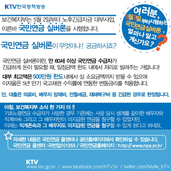 Mylife_KTV's tweet image. 국민연금 관련 두 가지 소식이 있습니다. 하나는 60세 이상 국민연금 수급자에게 빌려주는 국민연금 실버론 소식, 두번째는 기초노령연금 수급자 사망 후 미지급 연금 수혜 대상자 확대 소식입니다. #KTV