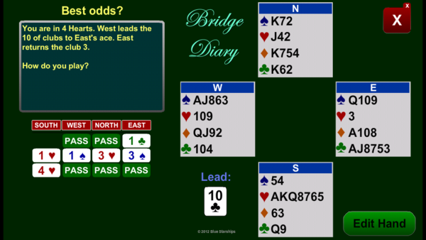 BridgeDiary's tweet image. Best odds to make 4 Hearts? 

#ContractBridgeProblem1003 
#ContractBridge 
#BridgeProblems
#Bridge #App
@BridgeDiary