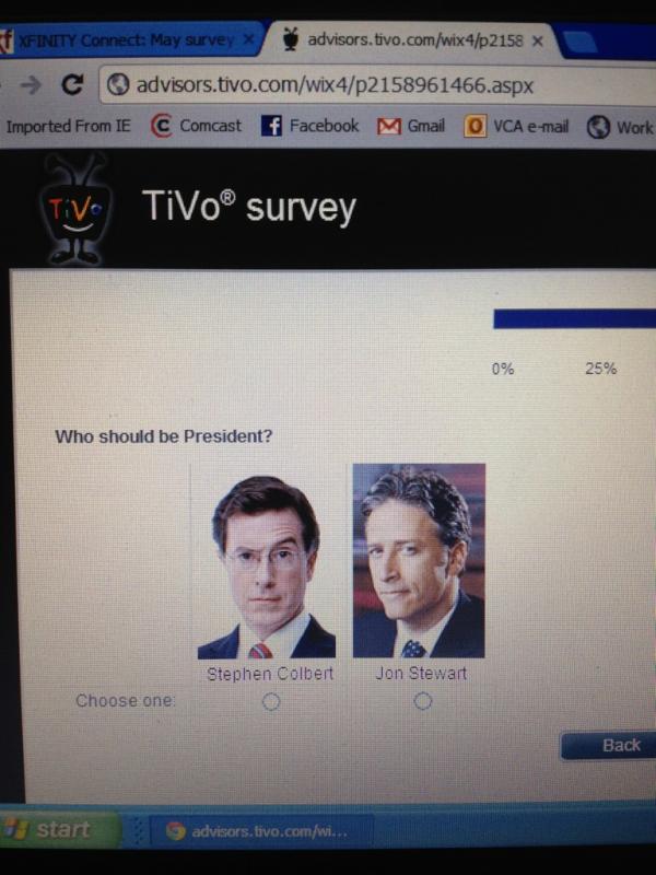 okoya's tweet photo. @StephenAtHome and @TheDailyShow 
Look what is on the TiVo survey! http://t.co/S37aLkVu