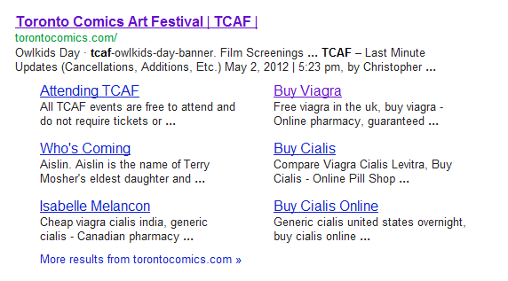 webcomictweets's tweet photo. #tcaf website Google site-links hacked by Viagra ads? @torontocomics http://t.co/CunhMNZK