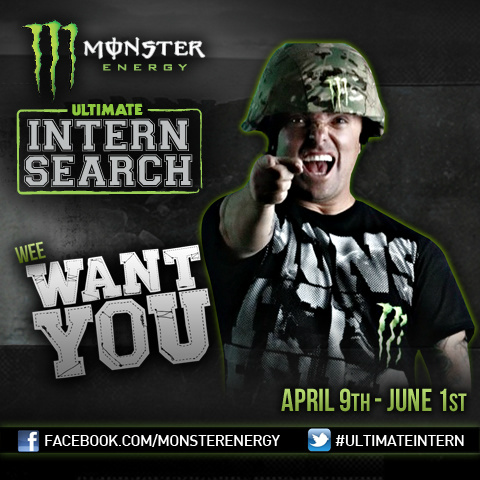 MonsterEnergy's tweet photo. Wee Want You.. for the @MonsterEnergy #UltimateIntern Search! Enter Now: http://t.co/aXfTlLN5 http://t.co/rEx7RS4C