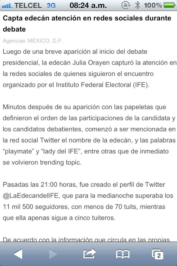 jeffreygzz's tweet image. Los lectores de @elimparcialcom me dan la razon la nota mas vista es de la edecan #Decision2012 #DebateIFE #Debate2