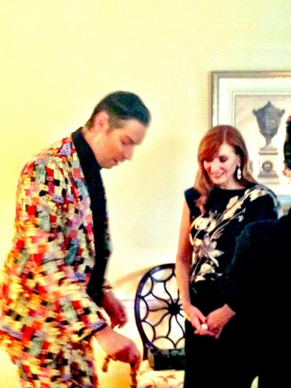 AllisonFHodge's tweet photo. .@NicoleMillerNYC and @CameronDecades off to the #metgala love the custom nicole miller archival ticket print suit! http://t.co/kqrQ9bJ1