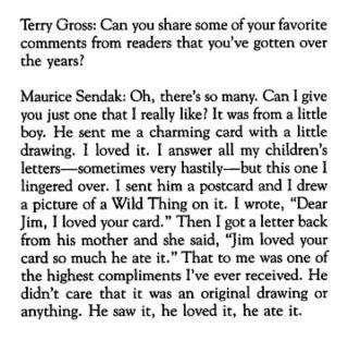 MASScanvas's tweet image. "He loved your [art] so much, he ate it." Maurice Sendak's ("Where the Wild Things Are") favorite compliment. RIP, sir.