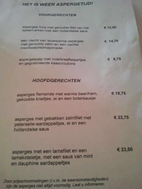 Het is weer aspergetijd! Vanaf vanavond asperge gerechten op de kaart en een nieuw keuzemenu voor 32.50