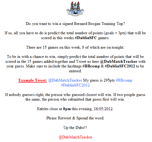 DubMatchTracker's tweet image. Do you want to win a signed @BernardBrogan Training Top? Then see pic attached #BBcomp #DublinSFC2012 #GAA Retweet Plz