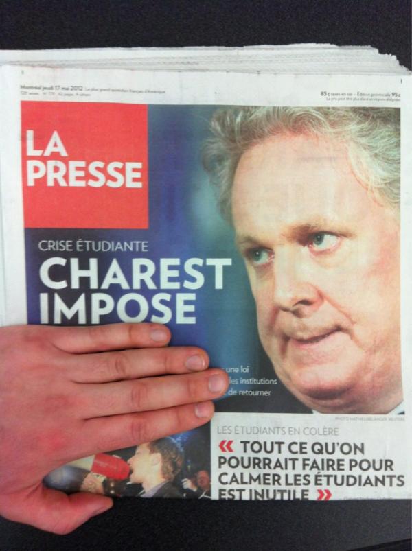 Maxstjb's tweet photo. Avec les impôts qu'on paie, il n'y a rien de nouveau dans le titre "Charest impose"... #couverturelapresse http://t.co/PyEjUC4V