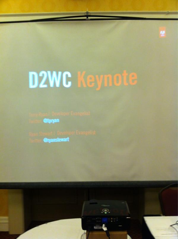 subbob's tweet image. At the #D2WC Keynote session with Adobe Developer Evangelists Terry Ryan @tpryan &amp;amp;  Ryan Stewart @ryanstewart