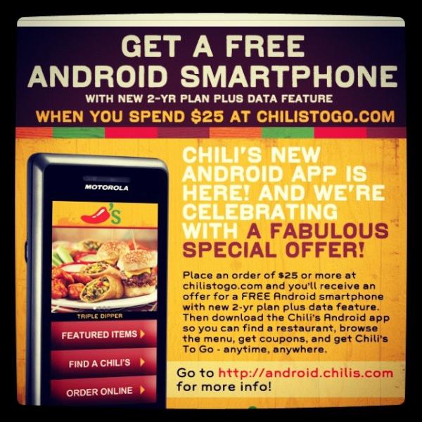 IamGundy's tweet image. I guess restaurants can give away cellphones now. What is the world coming to??? #freeandroid #chilissalsaandcells