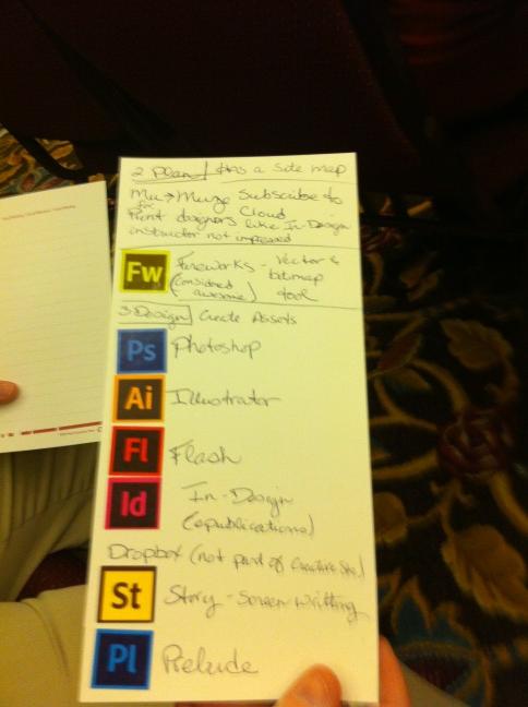 subbob's tweet image. Love this! Woman next to me found a very creative use for the Adobe CS6 stickers! #d2wc @RobHuddles