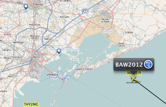 UKairspace's tweet photo. The #OlympicFlame onboard flight #BA2012 is approaching the Italian coast just east of #Venice #Venezia http://t.co/9iehsBiH