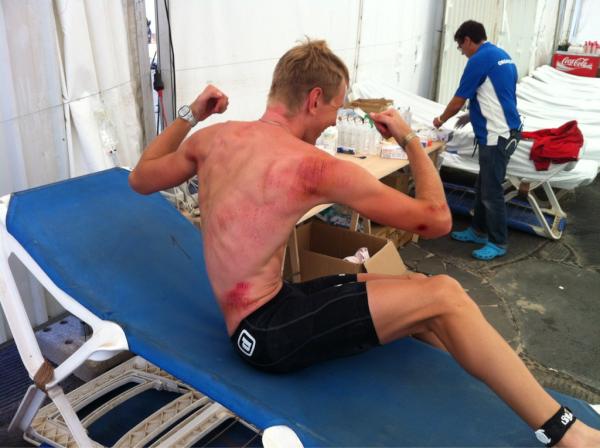 Kiril after having crash on high Speer at El Golfo (35km) did finish the bike and stopped the race after bike. Brave