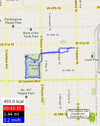 I ran 2.44 mi! 00:45:35 (3.2 mi/h)
This burned 493.0 kcal !!

Thanks to FindYourRun! My android workout application