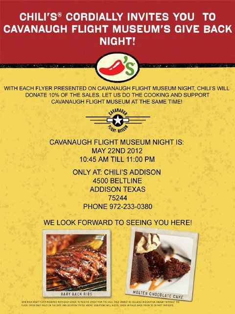cavflightmuseum's tweet photo. @Chilis is donating 10% of sale proceeds to the museum when you present the attached flyer tomorrow!  Thanks Chilis! http://t.co/SI1vxcpz