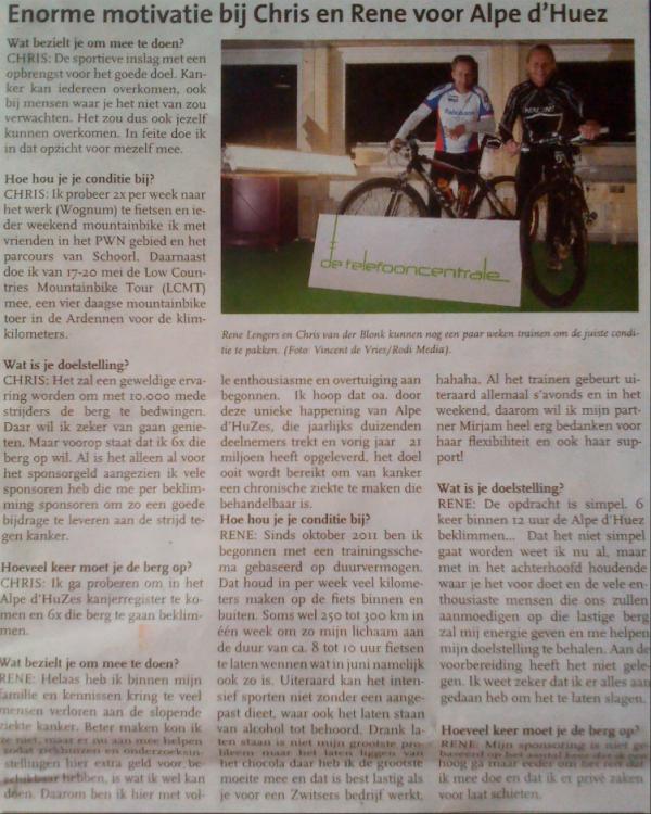 Mijn Alpe d'HuZes actie in de krant 'Alkmaar op Zondag'.
tyurl.org/uJlG1n